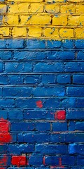 Fototapeta premium A brick wall with a blue and yellow paint.