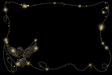 Line Art Eagle with Gold Glitter Stars. Luxury Rich Glamour Invitation Card. Easter Bird Isolated on Black. Shine Gold Light Texture Effect. Glowing Blink Star Holiday Gift.