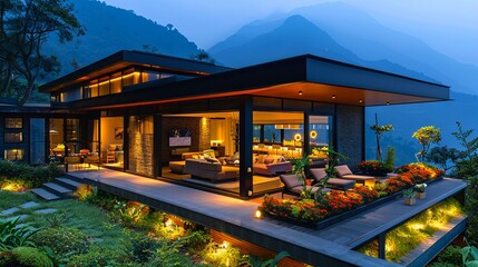 A modern house in the mountains with a view.