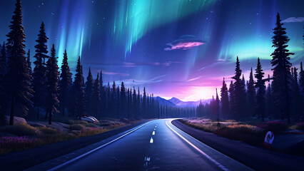 Beautiful scenery where a small Aurora Borealis can be seen majestically in the sky over a road that crosses the land near a forest. There's a small gray forest in the forest. Soft colors. , Mysteriou