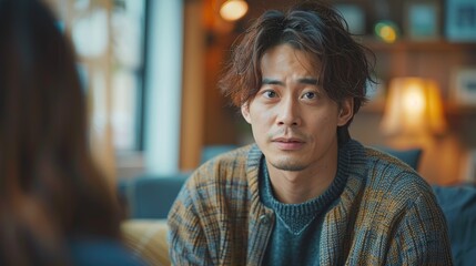Obraz premium an anxious young asian man seeks therapy from a calm middle-aged caucasian female in a cozy room with soft lighting and comfortable chairs, focusing on mental health support