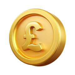 Gold British pound coin, 3d realistic gold coin icon with transparent PNG background