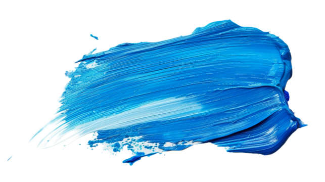 Blue paint brush stroke smear color texture swatch isolated on transparent background, cut out, PNG.