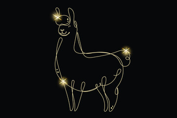 Line Art Llama Animal with Gold Glitter Stars. Luxury Rich Glamour Invitation Card Template.  Lama Pet Isolated on Black. Shine Gold Light Texture Effect. Glowing Blink Star Symbol Element Gift.