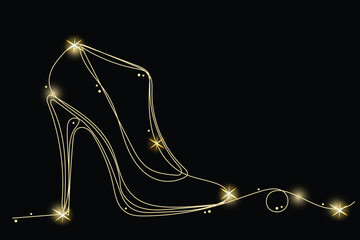 Line Art Shoe Boot with Gold Glitter Stars. Luxury Rich Glamour Invitation Card Template. Outline Boot Isolated on Black. Shine Gold Light Texture Effect. Glowing Blink Star Symbol Element Gift.