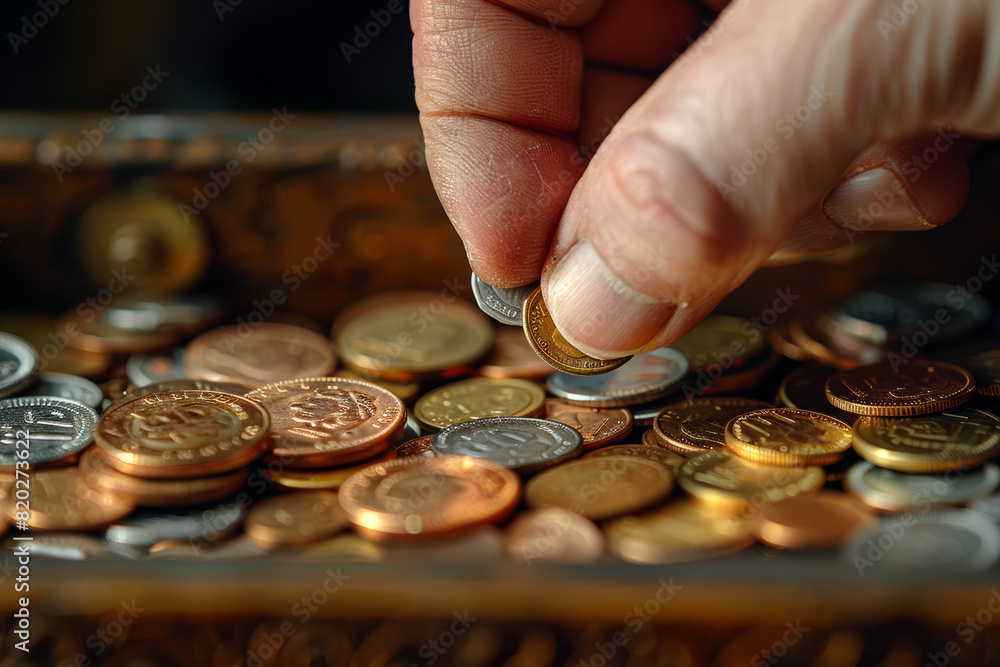 Poster a person's hand dropping loose change into a donation box, contributing to charitable causes and phi