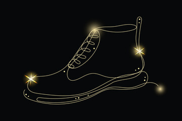 Line Art Shoe Boot with Gold Glitter Stars. Luxury Rich Glamour Invitation Card Template. Outline Boot Isolated on Black. Shine Gold Light Texture Effect. Glowing Blink Star Symbol Element Gift.