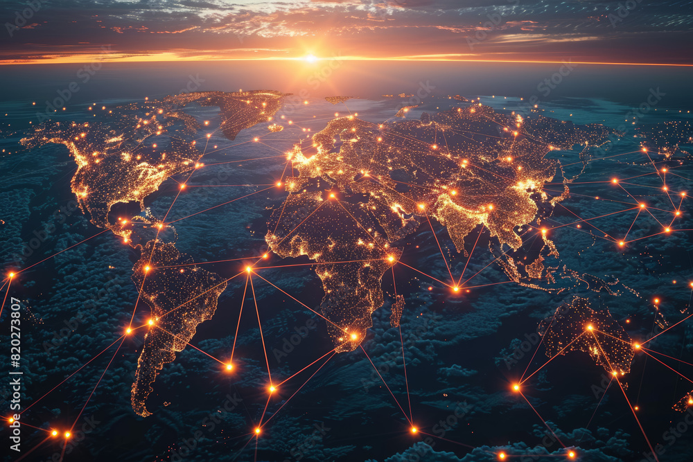 Poster a network of interconnected lines and dots on a world map, symbolizing the interconnectedness of glo