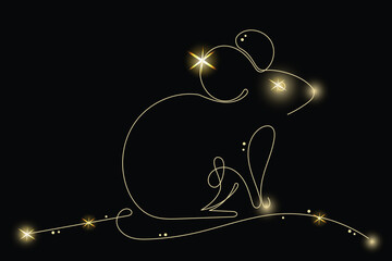 Line Art Mouse Animal with Gold Glitter Stars. Luxury Rich Glamour Invitation Card Template. Small Pet Isolated on Black. Shine Gold Light Texture Effect. Glowing Blink Star Symbol Element Gift.