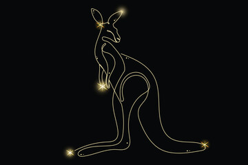 Line Art Kangaroo with Gold Glitter Stars. Luxury Rich Glamour Invitation Card Template. Outline Animal Isolated on Black. Shine Gold Light Texture Effect. Glowing Blink Star Symbol Element Gift.