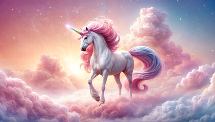 Fototapeta premium A magical fantasy unicorn with pink hair jumping through clouds. Mystical beautiful fairy wallpaper.