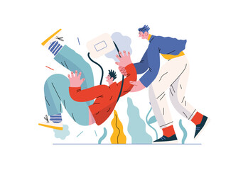 Mutual Support, Assisting Falling Person- modern flat vector concept illustration of man slipping, another supports him, preventing fall. Metaphor of voluntary, collaborative exchange of service