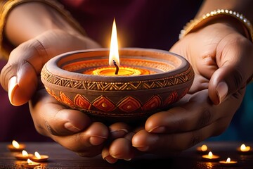 Close up of hands with Diwali diya burning flame, Diwali background, Indian culture 