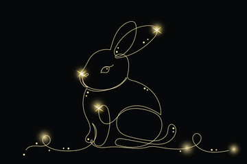 Line Art Rabbit Animal with Gold Glitter Stars. Luxury Rich Glamour Invitation Card. Easter Bunny  Hare Isolated on Black. Shine Gold Light Texture Effect. Glowing Blink Star Holiday Gift.