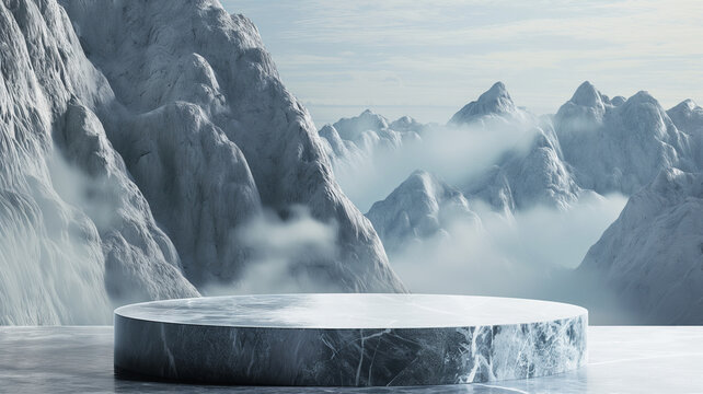 gold and white marble display podium for luxury product advertisement with a beautiful  mountains background, Mockup for branding, advertising, packaging	