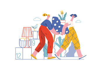 Mutual Support: Assistance with Moving -modern flat vector concept illustration of women collaboratively moving household items A metaphor of voluntary, collaborative exchanges of resource, services