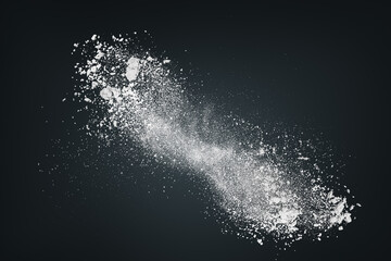 Abstract dynamic cloud of white dust particles dispersing against black smoke background in explosion. Design element creative collage.