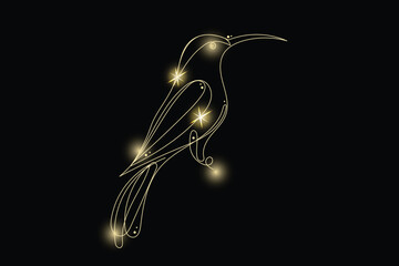 Line Art Bird with Gold Glitter Stars. Luxury Rich Glamour Invitation Card Template. Bird Pet Isolated on Black. Shine Gold Light Texture Effect. Glowing Blink Star Symbol Element Gift.