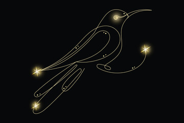 Line Art Bird with Gold Glitter Stars. Luxury Rich Glamour Invitation Card Template. Bird Pet Isolated on Black. Shine Gold Light Texture Effect. Glowing Blink Star Symbol Element Gift.