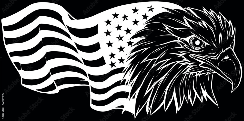 Sticker eagle head in white line on black background