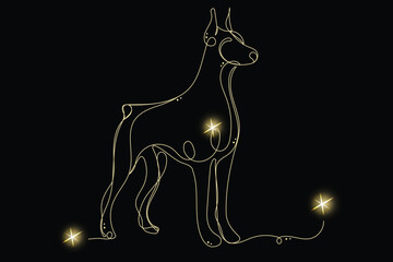 Line Art Doberman Animal with Gold Glitter Stars. Luxury Rich Glamour Invitation Card Template.  Dog Isolated on Black. Shine Gold Light Texture Effect. Glowing Blink Star Symbol Element Gift.