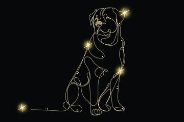 Line Art Rottweiler Animal with Gold Glitter Stars. Luxury Rich Glamour Invitation Card Template.  Dog Isolated on Black. Shine Gold Light Texture Effect. Glowing Blink Star Symbol Element Gift.