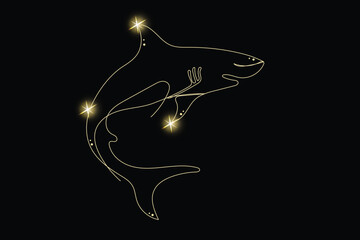 Line Art Shark Animal with Gold Glitter Stars. Luxury Rich Glamour Invitation Card Template. Shark Fish Isolated on Black. Shine Gold Light Texture Effect. Glowing Blink Star Symbol Element Gift.