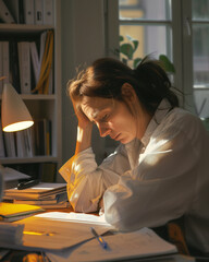 a 35 year old lady sitting at a desk with a laptop computer looking very frustrated and tired