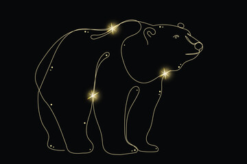 Line Art Bear Animal with Gold Glitter Stars. Luxury Rich Glamour Invitation Card Template. Polar Bear Isolated on Black. Shine Gold Light Texture Effect. Glowing Blink Star Symbol Element Gift.