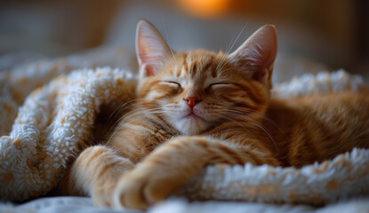 Cute little ginger kitten sleeps on white bedcover under knitted blanket