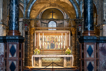 High altar with Saint Mark's tomb and relics inside of St Mark's Basilica in Venice, Italy