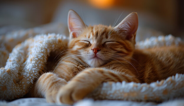 Cute little ginger kitten sleeps on white bedcover under knitted blanket