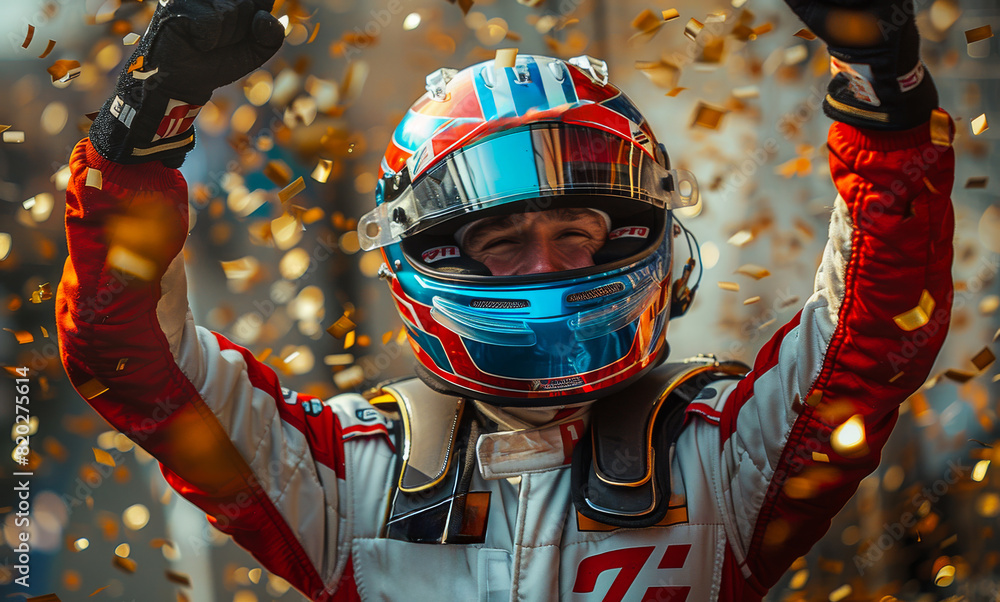 Wall mural racing driver celebrates on the podium with his arms raised in victory.