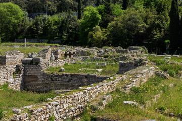 The remains of Cemenelum - a basilica, baths and amphitheater are located on the hill of Cimiez,...