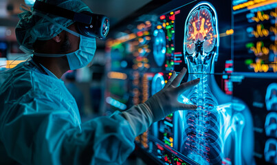 Obraz premium Surgeon is looking at screen while wearing virtual reality headset.