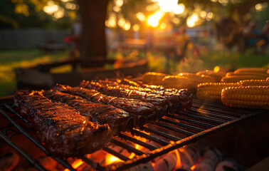 Barbecue and corn on the cob at sunset