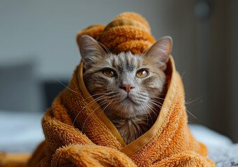 Cute siberian cat is sitting on the bed wrapped in towel
