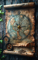 Obraz premium Old map and compass on wooden table