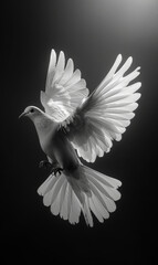 White dove spreads its wings in flight.