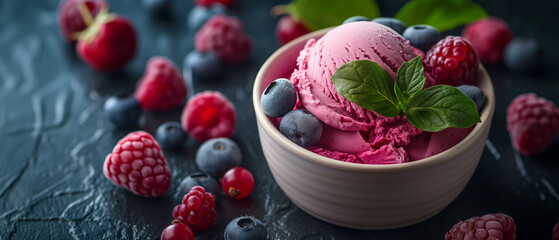 Ice cream with raspberries and blueberries.