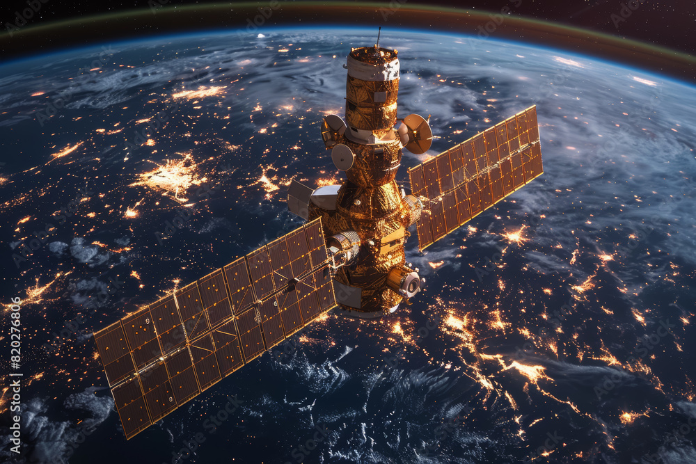 Poster a satellite orbiting the earth, capturing images of different regions and monitoring global environm
