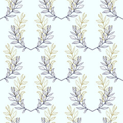Obraz premium A blue and gold leaf pattern is shown on a light blue background.The leaves are drawn in a stylized way, with some overlapping and others standing alone. The overall effect is one of elegance.