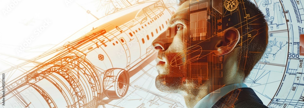 Poster the image shows a man wearing augmented reality glasses looking at a 3d model of a building. the gla