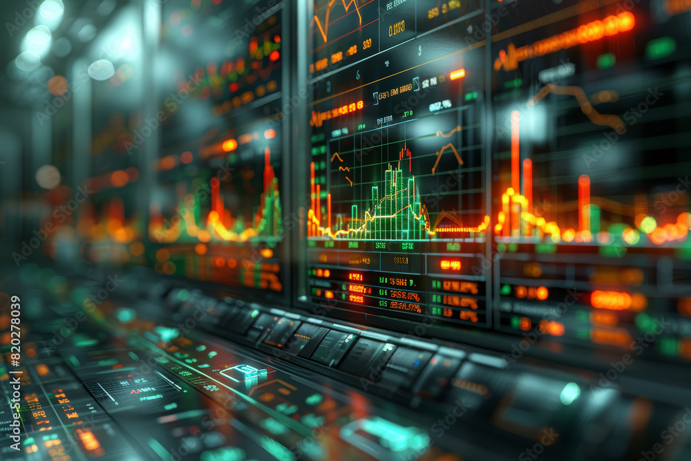 Poster charts and graphs depicting the fluctuation of stock prices, illustrating the volatility of the inve