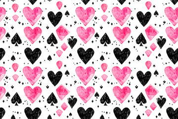 A pattern of hearts and spades is painted in pink and black. The hearts are scattered throughout the design, with some overlapping and others standing alone. The spades are also present