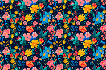A colorful floral pattern is displayed on a dark background. The flowers are bright and vibrant, creating a cheerful and lively atmosphere. The pattern is full of detail and seems to be a work of art