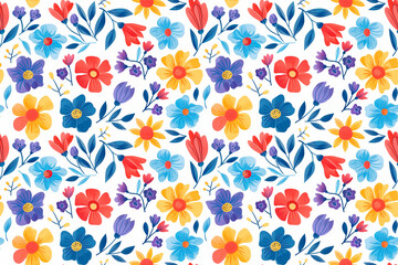 A colorful floral pattern is displayed on a white background. The flowers are arranged in a way that creates a sense of movement and energy. The colors are bright and cheerful