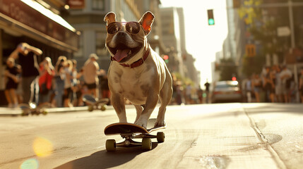Dog Riding Skateboard Down Street