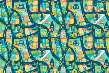 Whimsical city pattern with colorful houses, roads, and trees, seamless design perfect for playful decoration and imaginative tile ornaments
