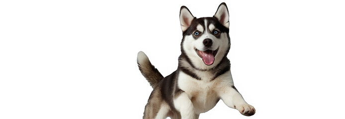 Fototapeta premium A funny and playful husky or pet dog is playing and jumping and looks happy isolated on transparent background. Little husky dog pretending. Cute and happy crazy dog ​​head smiling on transparent png